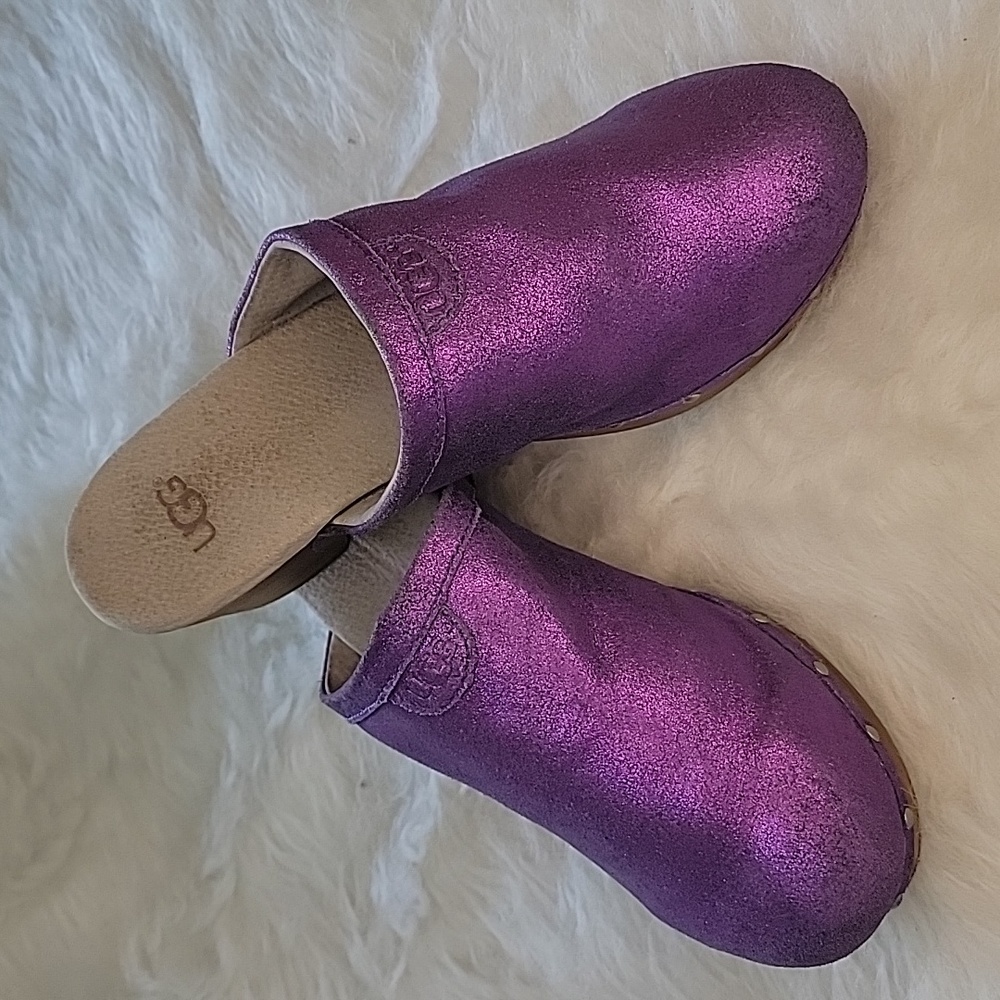 UGG Evie Purple Glitter‎ Boho Retro Shearling Lined Block Heel Sparkle Clogs 4